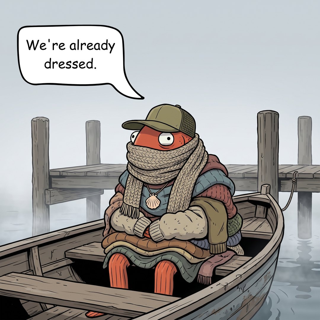 Redd Riddle sits alone in the boat buried under a mountain of sweaters and wound scarves, only his eyes and the brim of his olive cap showing over the top, entirely deadpan.