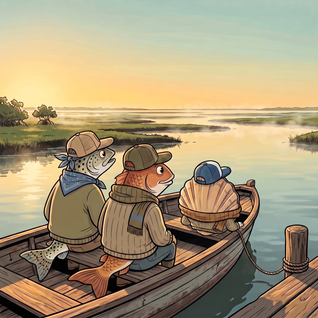 A quiet view down the length of the moored skiff. Trusty, Redd and Scooter sit side by side on the bench, seen from behind, bundled up and perfectly still, looking west across the shallow green flats and ribbons of marsh grass. The low morning sun is behind them, throwing long warm light out toward the water. The mooring rope still runs to the dock.