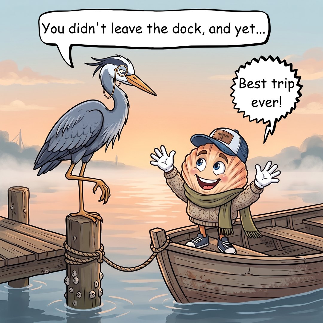 Hemingway Heron stands on one leg on a barnacled piling with his gold monocle, looking down his beak with calm amusement. Scooter is in the bow of the moored skiff with both gloved hands thrown up in delight.