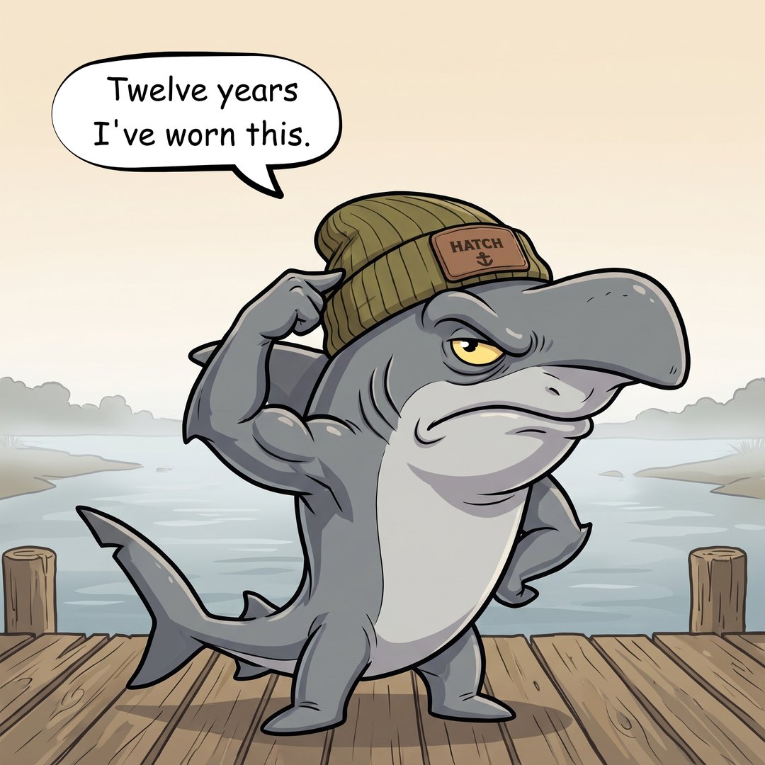 Bonnie fills the frame, tapping the side of his olive ribbed beanie with one fin, eyes half lidded with insufferable satisfaction.