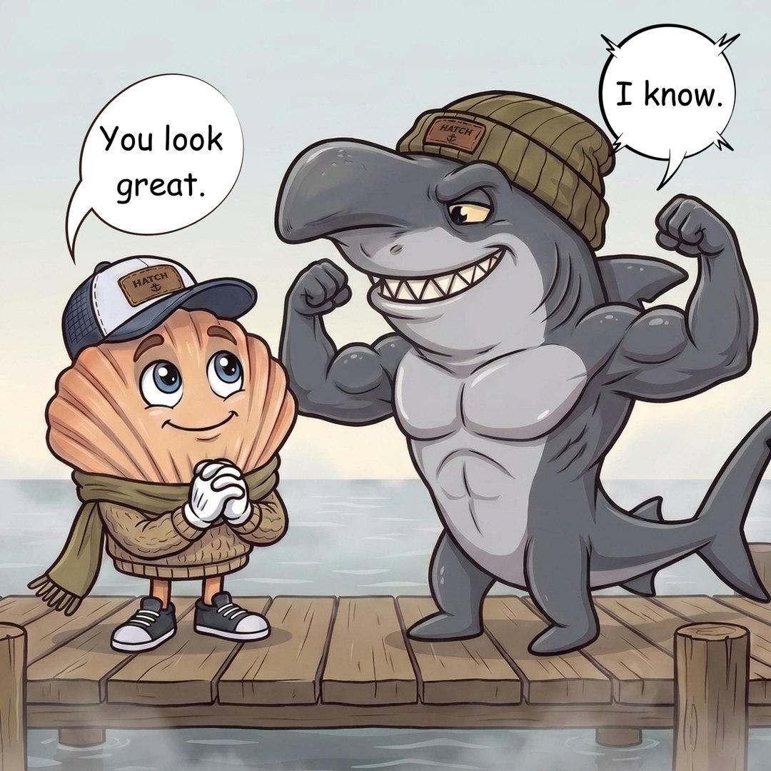 Scooter Scallop looks up at Bonnie with total sincerity, his gloved hands clasped in front of him, bundled in a sweater and scarf. Bonnie stands over him with his chest out and both fins curled in a flex, chin lifted, entirely pleased with himself.