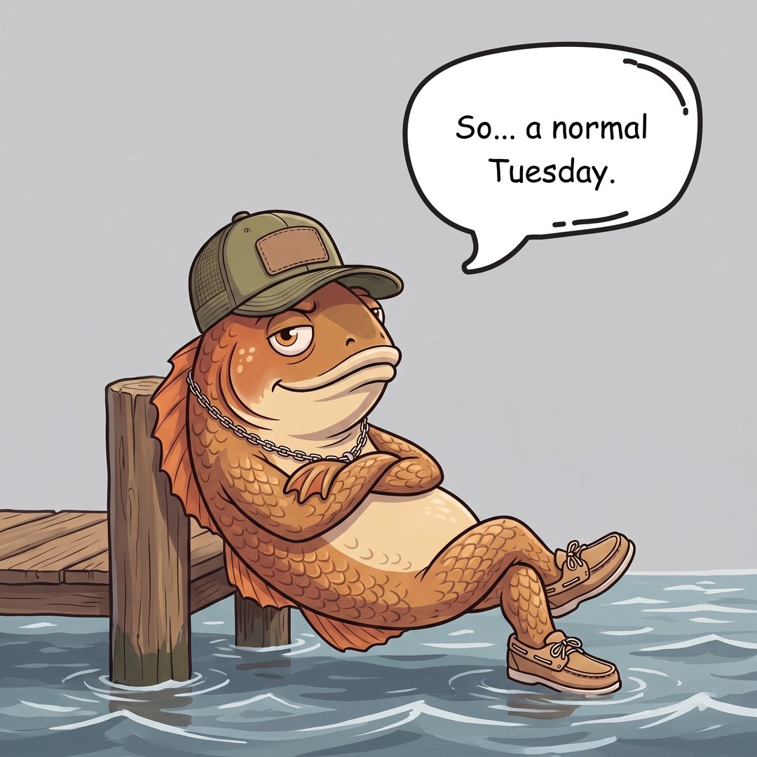 Redd Riddle reclines on the dock in an olive cap, gold chain and boat shoes, entirely unbothered by the forecast.