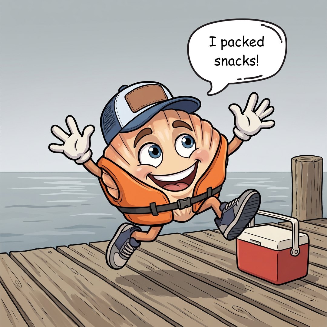 Scooter Scallop jumps in the air beside a red cooler, wearing an orange life vest, a blue and white trucker cap, white gloves and sneakers.