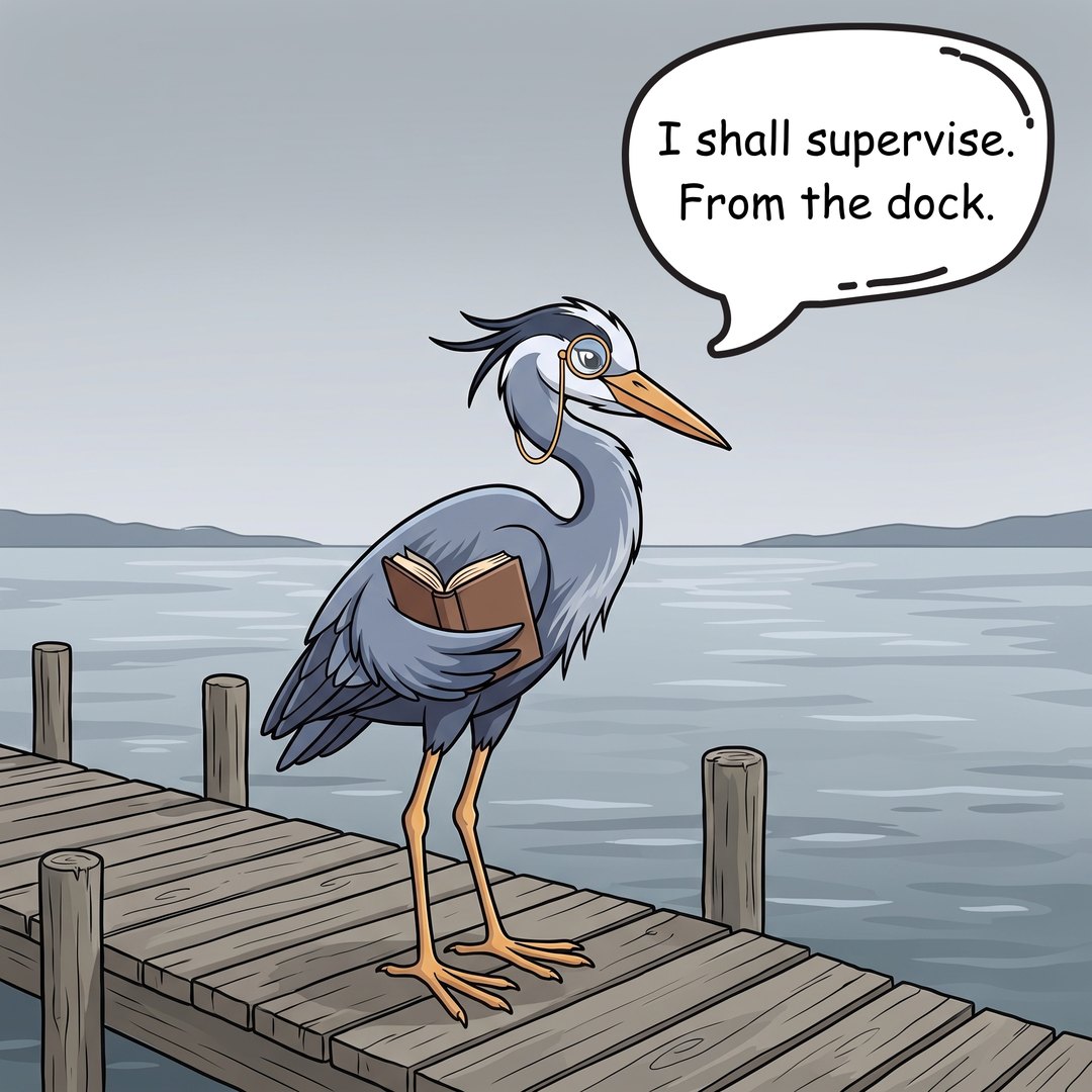 Hemingway Heron stands at the end of the dock with a monocle and a book, making no move toward the water.
