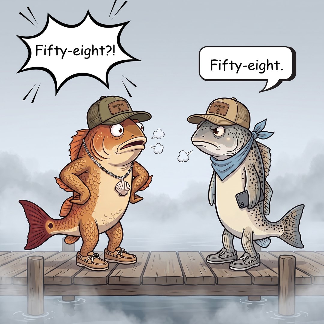 Redd Riddle, a copper redfish in an olive cap with a gold chain and scallop pendant, stands bolt upright and genuinely rattled. Trusty is beside him with the phone down at his side. Both are breathing visible puffs of air.