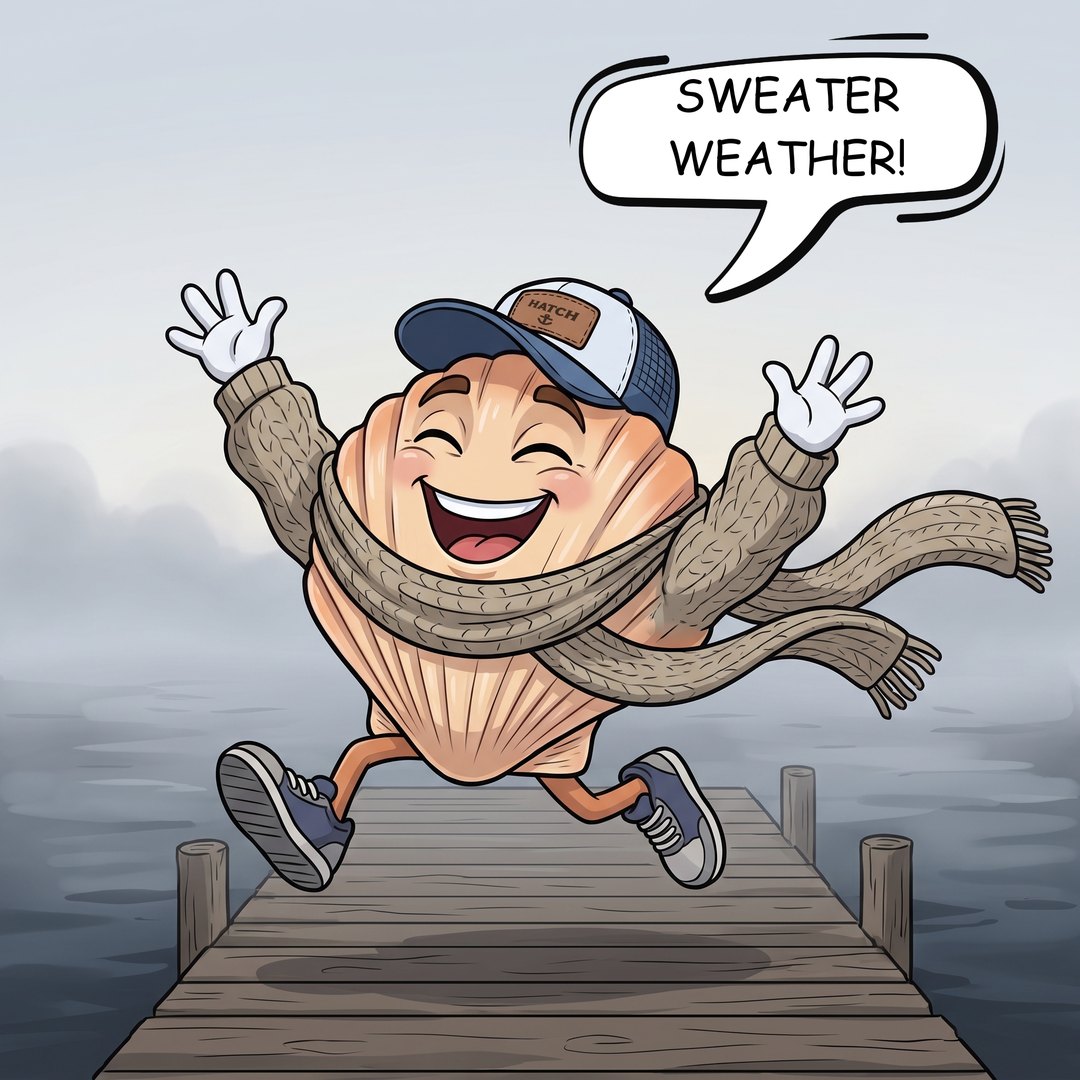 Scooter Scallop sprints off the end of the dock in mid-air, arms flung wide and eyes squeezed shut in delight. His fan-shaped ridged shell is wrapped in a chunky knit sweater with a long scarf streaming behind him.