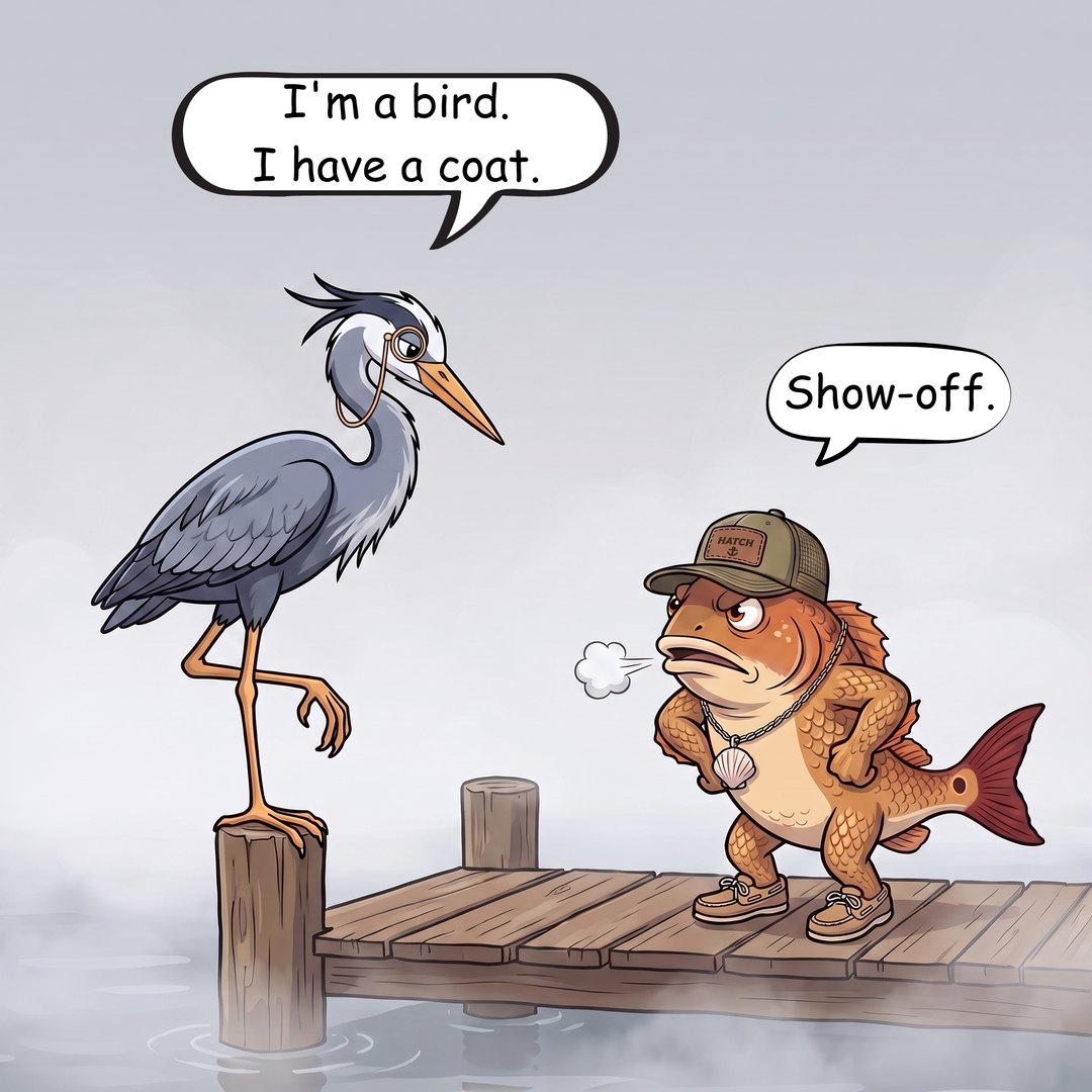Hemingway Heron stands on one leg on a piling with his monocle in place, entirely comfortable in the cold. Redd is on the dock beside him with his hands on his hips, breathing a puff of air and looking put out.