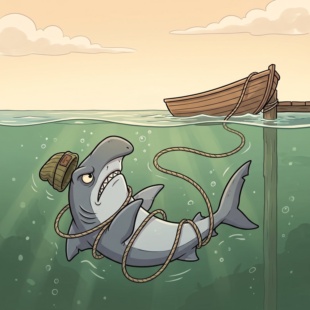 Bonnie is wound up in the loose rope with his beanie knocked askew while the skiff drifts away behind him.