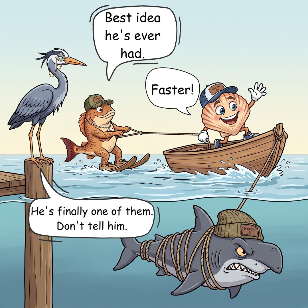 Bonnie, trussed in rope, tows the skiff while Redd water-skis on his own legs behind it, Scooter stands at the bow and Hemingway watches from a piling.