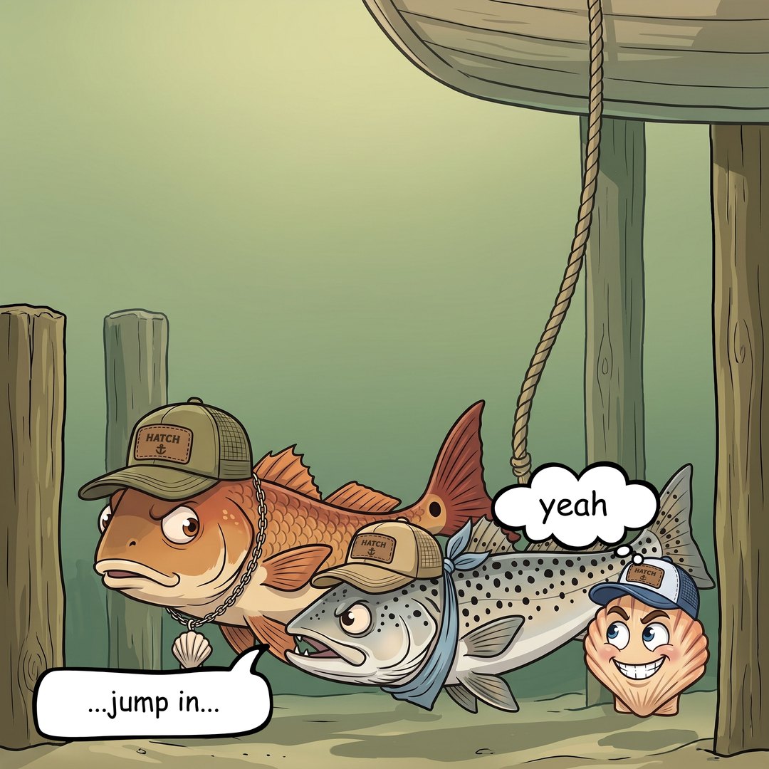 The three of them still under the hull with the mooring rope, Redd mid-sentence and Scooter already grinning through gritted teeth.