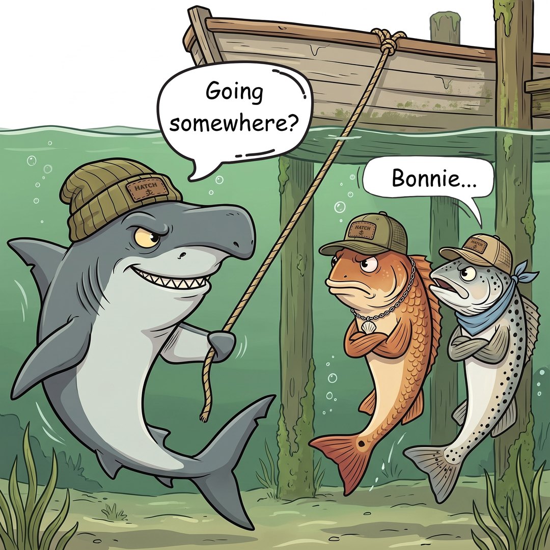 Bad Bonnie Bonnet floats holding the mooring rope in his fin while Redd and Trusty cross their arms.