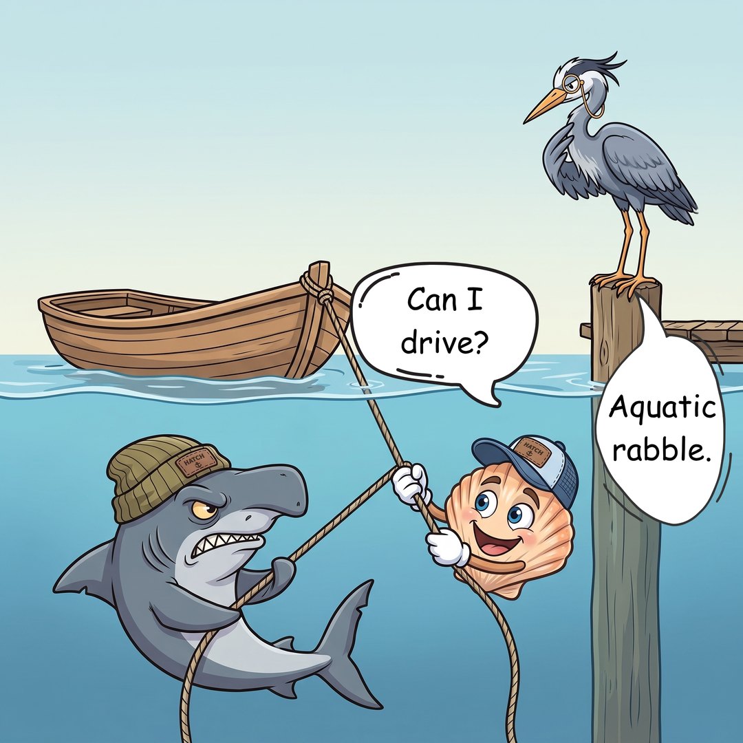 The scene splits above and below the waterline, with Hemingway Heron perched on a piling above the crew.